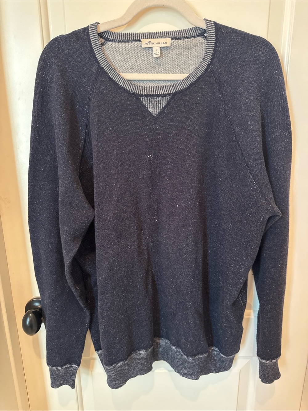 Peter Millar Men’s Large Cotton Merino Wool Crewneck Sweater Navy Blue Raglan